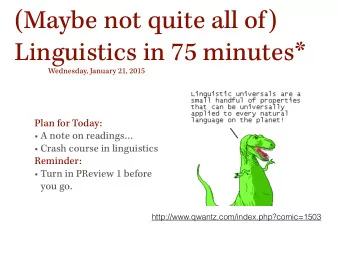 (Maybe not quite all of)  Linguistics in 75 minutes*  Wednesday, January 21, 2015  Plan for Today: