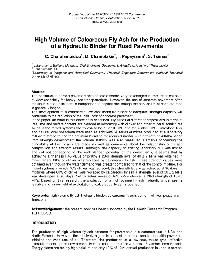 high volume of calcareous fly ash for the production of a