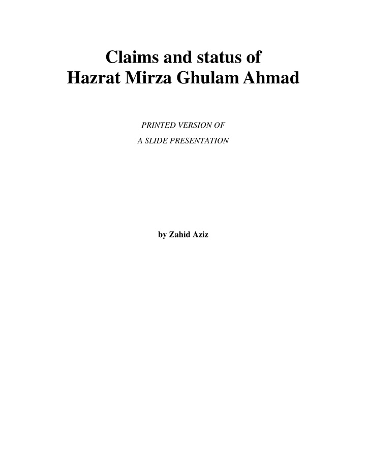 claims and status of hazrat mirza ghulam ahmad