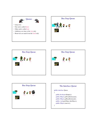 Bus Stop Queue  Queues   Linear list.  Bus  Stop   One end is called front.  front  rear