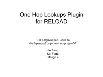 One Hop Lookups Plugin  for RELOAD  IETF81@Quebec, Canada  draft-peng-p2psip-one-hop-plugin-00  Jin