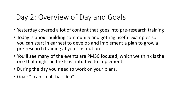 day 2 overview of day and goals