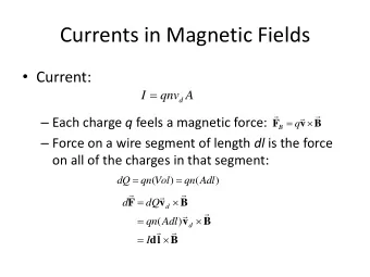 Currents in Magnetic Fields  Current:    I  qnv A  d        Each charge q feels a