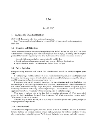 L16  July 12, 2017  1  Lecture 16: Data Exploration  CSCI 1360E: Foundations for Informatics and