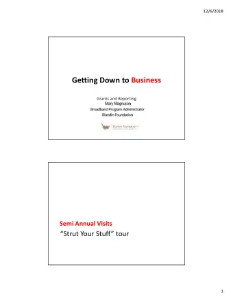 Getting Down to Business  Grants and Reporting  Semi Annual Visits  Strut Your Stuff tour  1