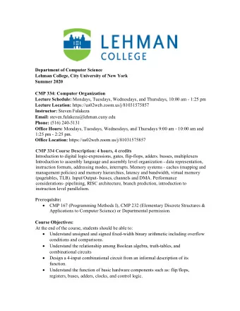 Department of Computer Science Lehman College, City University of New York  Summer 2020  CMP 334:
