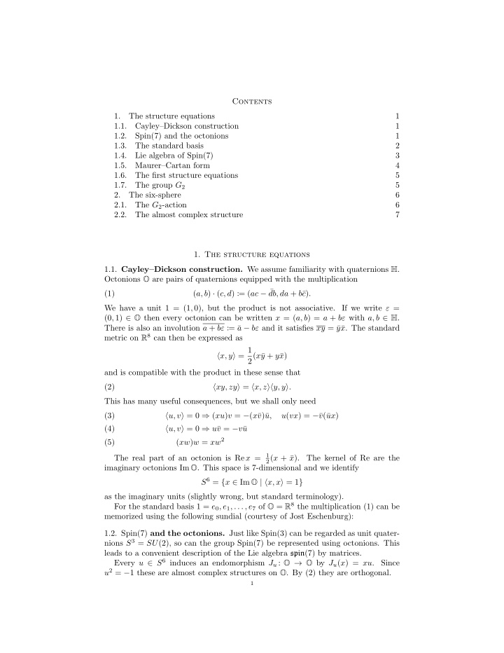 contents 1 the structure equations 1 1 1 cayley dickson