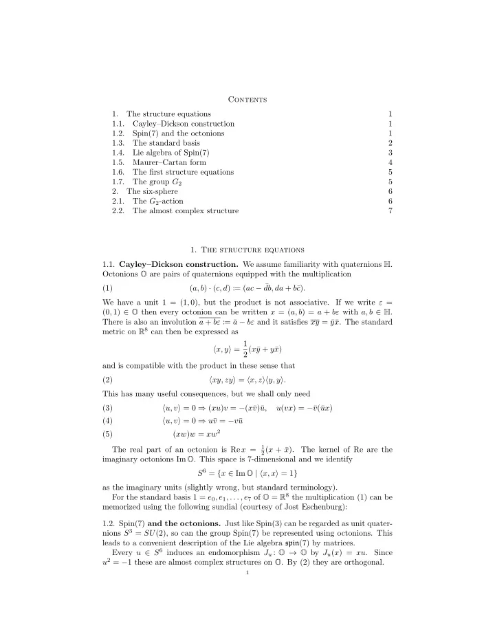 contents 1 the structure equations 1 1 1 cayley dickson