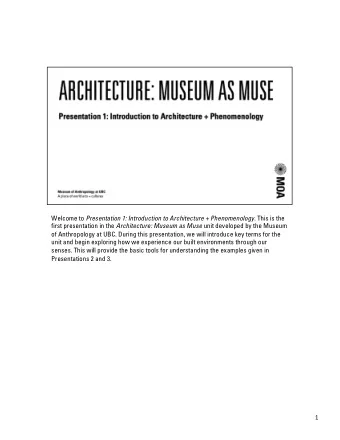 Welcome to Presentation 1: Introduction to Architecture + Phenomenology . This is the first