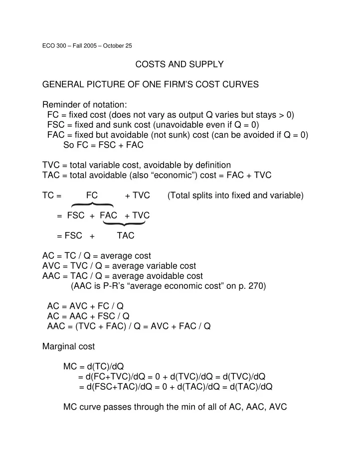 costs and supply general picture of one firm s cost