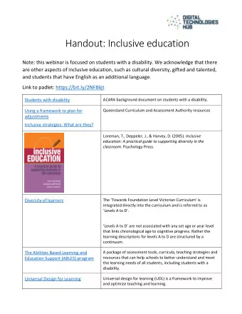 Handout: Inclusive education  Note: this webinar is focused on students with a disability. We