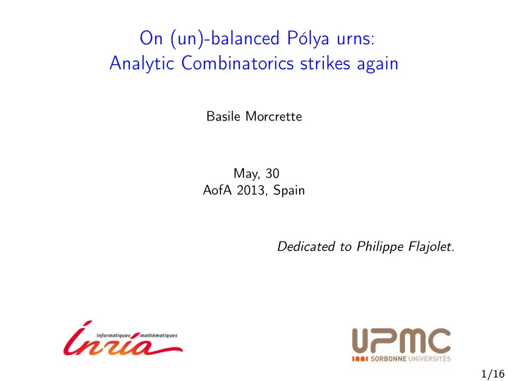 on un balanced p lya urns analytic combinatorics strikes