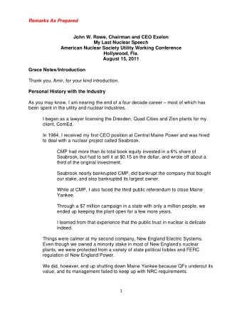 Remarks As Prepared  John W. Rowe, Chairman and CEO Exelon  My Last Nuclear Speech  American