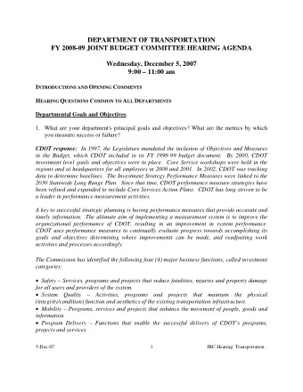 DEPARTMENT OF TRANSPORTATION  FY 2008-09 JOINT BUDGET COMMITTEE HEARING AGENDA  Wednesday, December