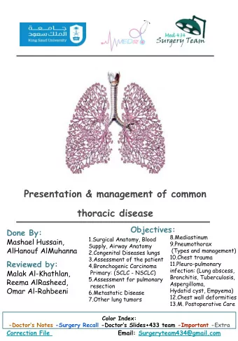 Presentation &amp; management of common  thoracic disease  Objectives:  Done By:  8.Mediastinum
