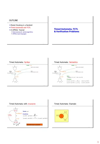 OUTLINE  Model Checking in a Nutshell  Timed automata and TCTL  Timed Automata, TCTL  A