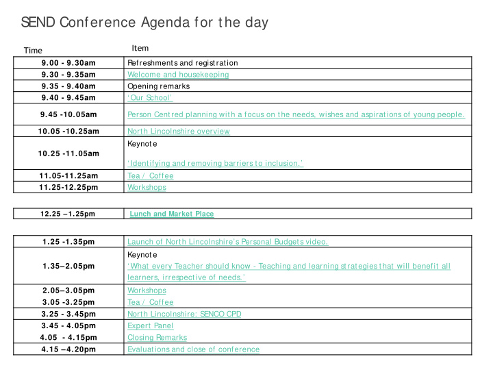 s end conference agenda for the day
