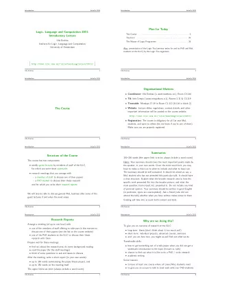 Plan for Today  Logic, Language and Computation 2011:  The Course . . . . . . . . . . . . . . . . .
