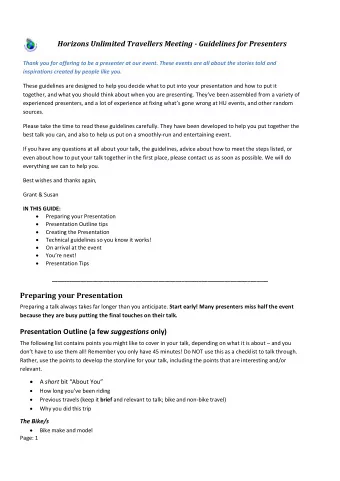 Horizons Unlimited Travellers Meeting - Guidelines for Presenters  Thank you for offering to be a