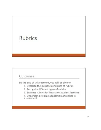 Rubrics  Outcomes By the end of this segment, you will be able to: 1. Describe the purposes and