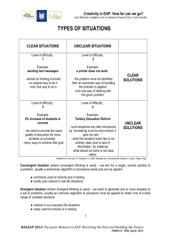 TYPES OF SITUATIONS  CLEAR SITUATIONS  UNCLEAR SITUATIONS  Level of difficulty:  Level of