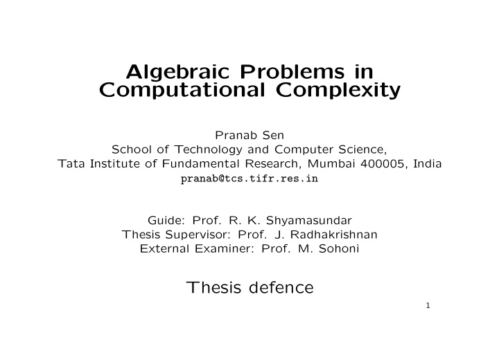 algebraic problems in computational complexity
