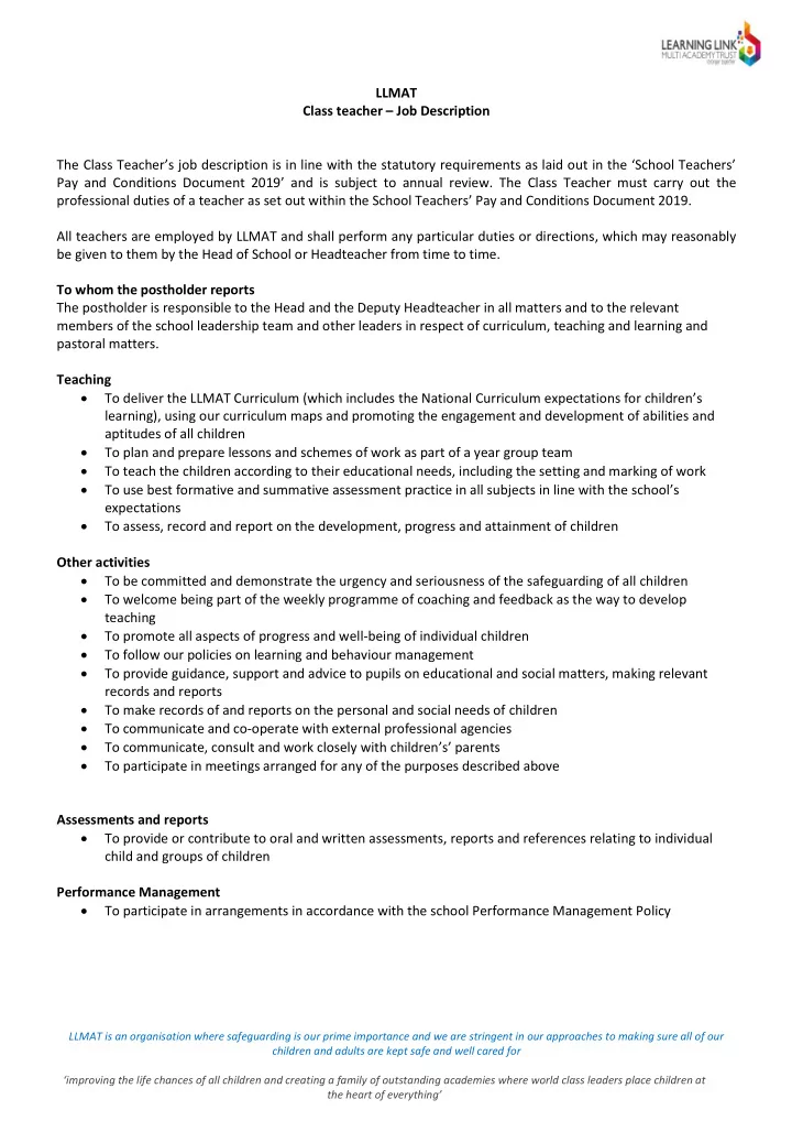 llmat class teacher job description the class teacher s