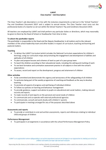LLMAT Class teacher  Job Description  The Class Teachers job description is in line with the