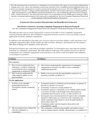 reports on community engagement in research in general and specifically in peer review. Previous