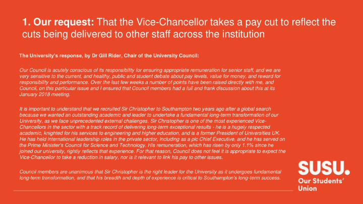 1 our request that the vice chancellor takes a pay cut to