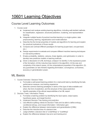 10601 Learning Objectives  Course Level Learning Outcomes  1.  Course Level  a.  Implement and