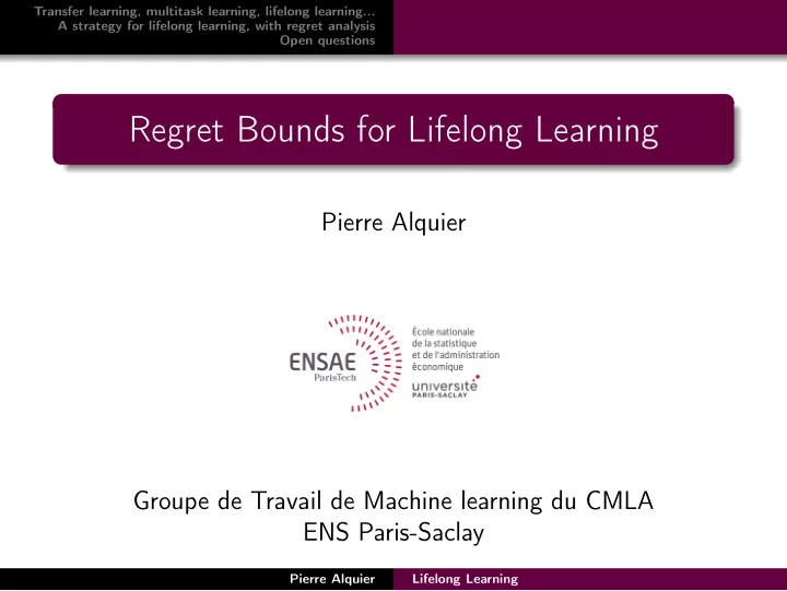regret bounds for lifelong learning