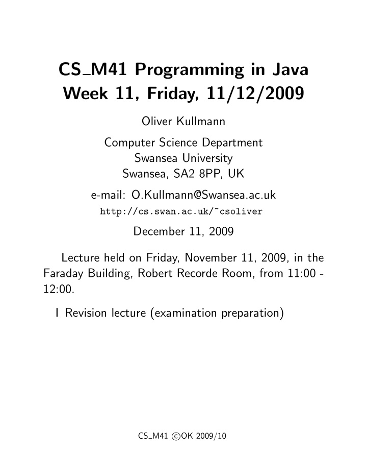 cs m41 programming in java week 11 friday 11 12 2009