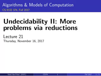 Undecidability II: More  problems via reductions  Lecture 21  Thursday, November 16, 2017  Sariel