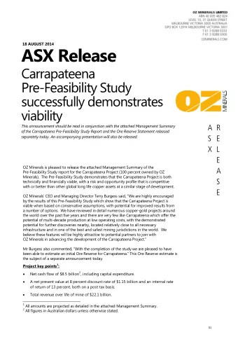 ASX Release  Carrapateena  Pre-Feasibility Study  successfully demonstrates  viability  This