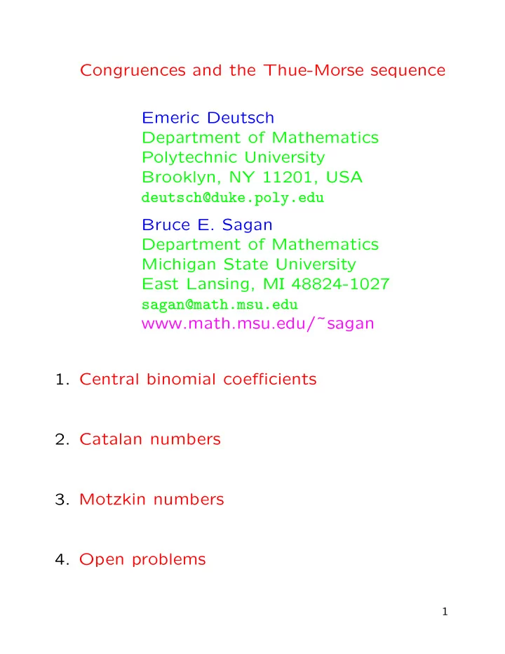congruences and the thue morse sequence emeric deutsch