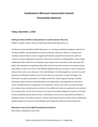 Southeastern Wisconsin Conservation Summit  Presentation Abstracts  Friday, November 1, 2019
