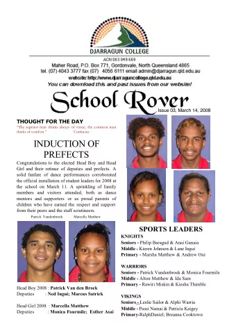 INDUCTION OF  PREFECTS  Congratulations to the elected Head Boy and Head  Girl and their retinue of