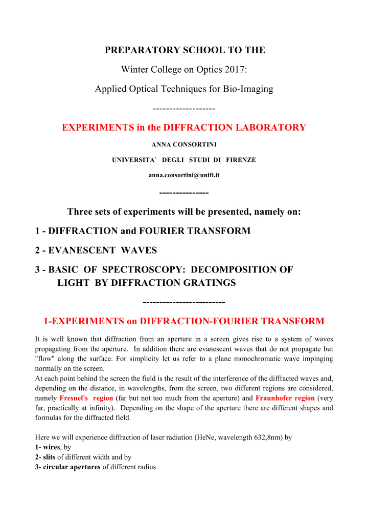 preparatory school to the winter college on optics 2017