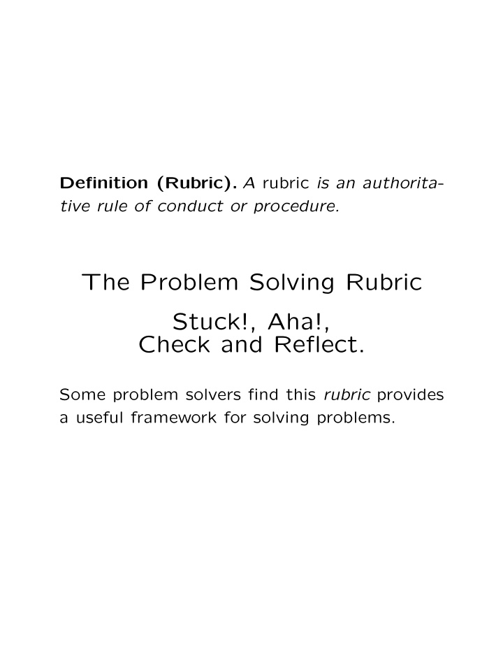 the problem solving rubric stuck aha check and reflect
