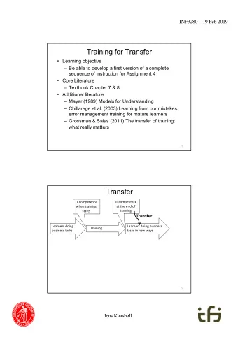 Training for Transfer  Learning objective  Be able to develop a first version of a complete