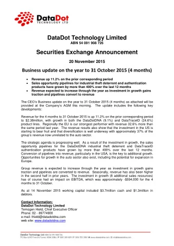 DataDot Technology Limited  ABN 54 091 908 726  Securities Exchange Announcement  20 November 2015