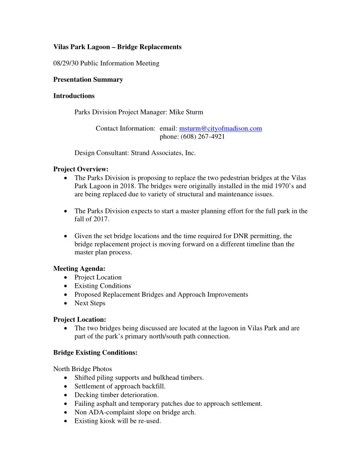 vilas park lagoon bridge replacements 08 29 30 public