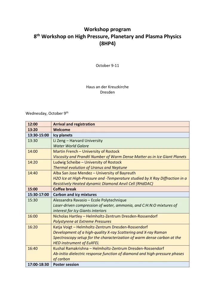 workshop program 8 th workshop on high pressure planetary
