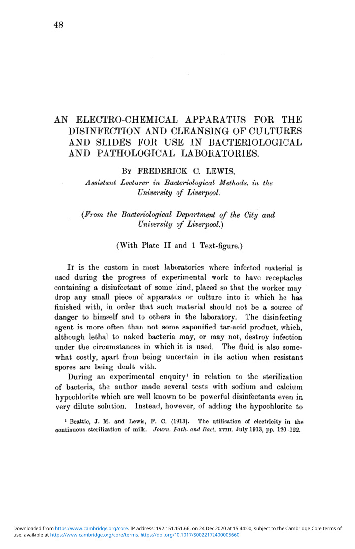 an electro chemical apparatus for the disinfection and