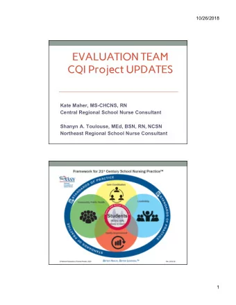 EVALUATION TEAM  CQI Project UPDATES  Kate Maher, MS-CHCNS, RN  Central Regional School Nurse