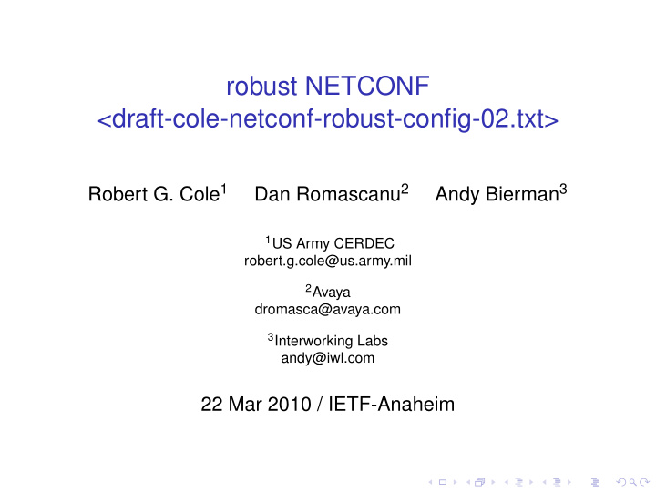 robust netconf draft cole netconf robust config 02 txt