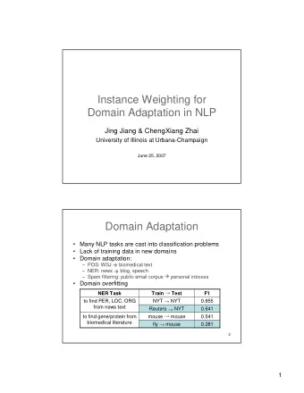 Instance Weighting for  Domain Adaptation in NLP  Jing Jiang &amp; ChengXiang Zhai  University of