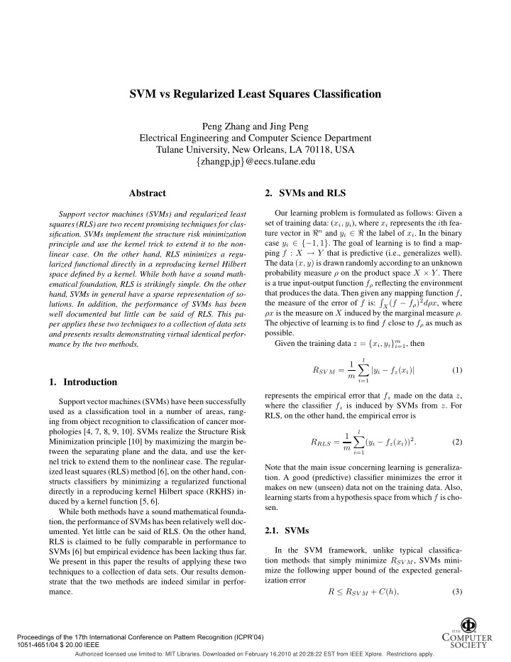 svm vs regularized least squares classification