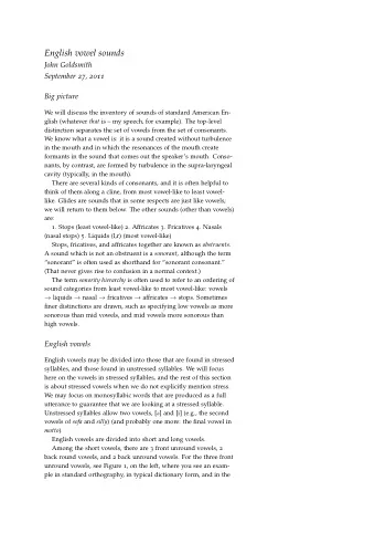 English vowel sounds  John Goldsmith September 27 , 2011  Big picture  We will discuss the